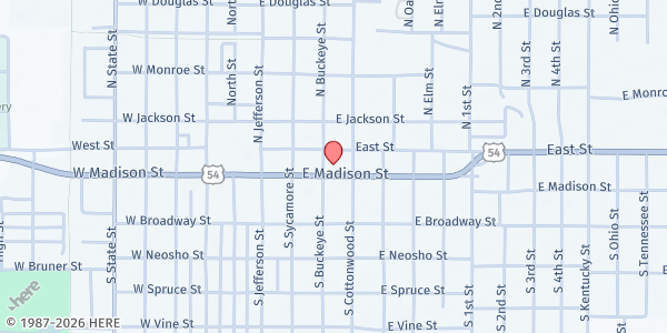 Map showing First Presbyterian Church at 302 E Madison Ave, Iola, KS