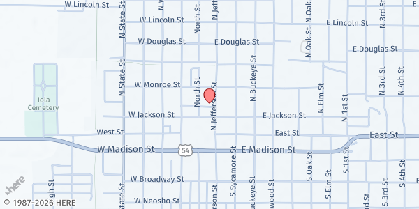 Map showing Iola Senior Citizens Congregant at 204 N. Jefferson Ave., Iola, KS