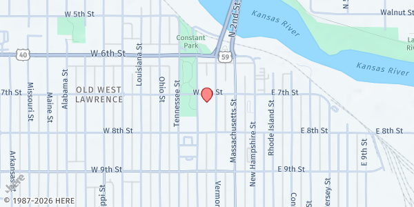 Map showing Lawrence Public Library Cruising Cupboard at 707 Vermont St., Lawrence, KS