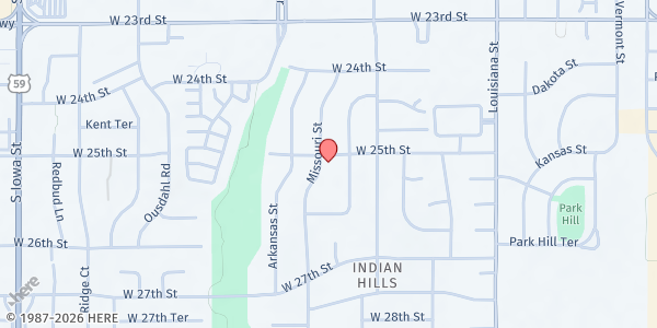Map showing South Side Christian Church at 1105 W. 25th St., Lawrence, KS