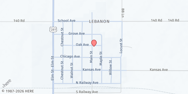 Map showing Lebanon Community Food Bank at 300 N. Main St., Lebanon, KS