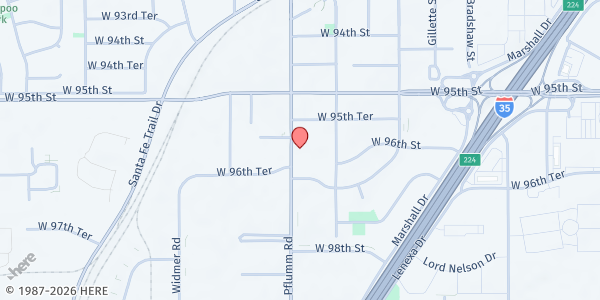 Map showing New Vision COGIC at 9609 Pflumm Road, Lenexa, KS