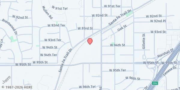 Map showing Shawnee Mission Unitarian Universalist Church at 9400 Pflumm Road, Lenexa, KS