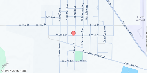 Map showing Lucas Golden Age Center at 201 South Main Street, Lucas, KS