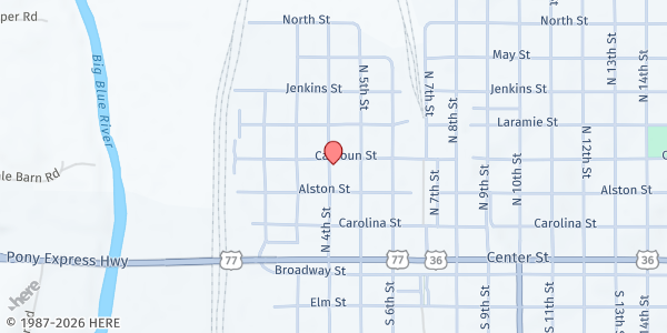Map showing Marshall County Helping Hands Food Pantry at 401 Calhoun, Marysville, KS