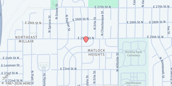 Map showing Progressive Missionary Baptist Church Mobile Food Pantry at 2727 East 25th Street North, Matlock Heights, KS
