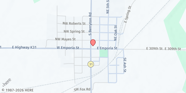 Map showing Melvern Church of God at 102 NE Main Street, Melvern, KS