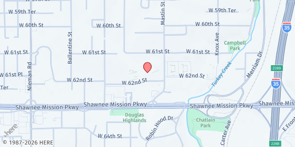 Map showing New City Church at 6100 Mastin Street, Merriam, KS