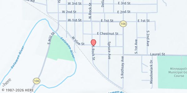 Map showing Catholic Church-Love INC - Food Distribution Center at 117 E Vine St, Minneapolis, KS