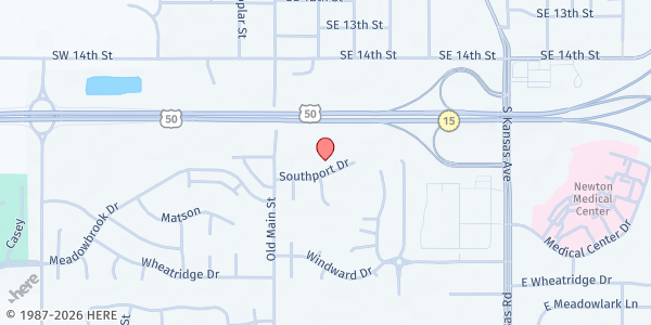 Map showing Newton Christian Church Food Distribution at 210 Southport Drive, Newton, KS