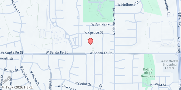 Map showing Manna Ministries - Westside Church of the Nazarene at 1700 W. Santa Fe St., Olathe, KS