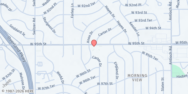 Map showing Knox Church Emergency Assistance Food Pantry at 9595 W. 95th St., Overland Park, KS