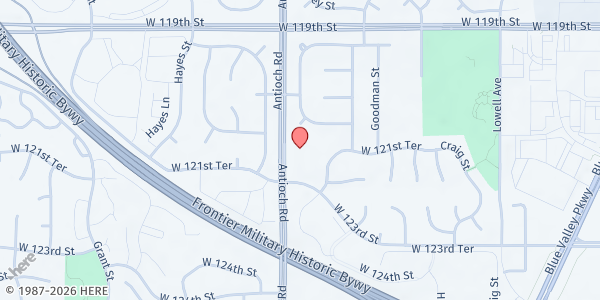 Map showing Saint Thomas The Apostle at 12251 Antioch Rd., Overland Park, KS