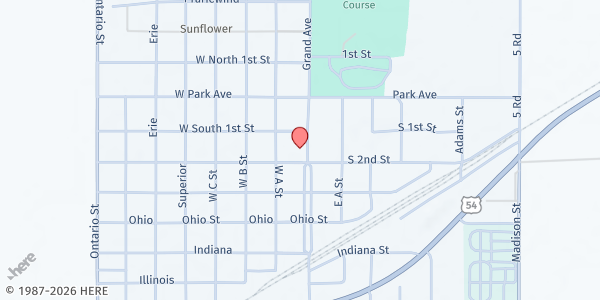 Map showing Plains Food Pantry at 601 Grand Ave., Plains, KS