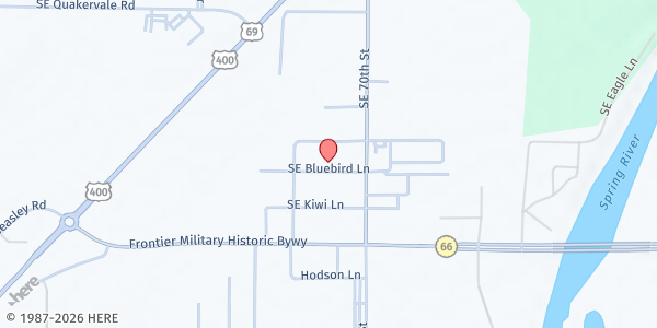 Map showing Share with Love Food Pantry / First Baptist at 6895 Southeast Bluebird Lane, Riverton, KS