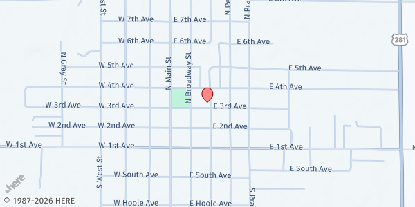 Map showing St. John Sunflower Senior Center at 215 E 3rd, St John, KS