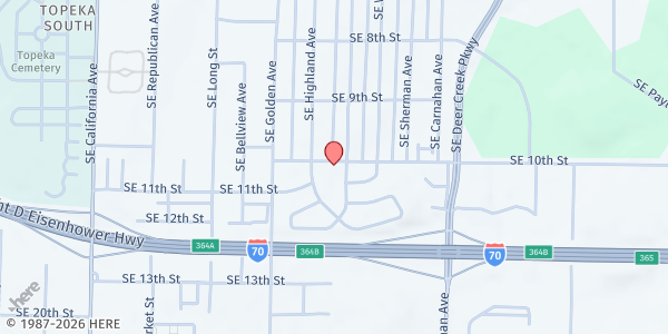 Map showing Eastside Church of God in Christ - Food Distribution Center at 2725 SE 10th St, Topeka, KS