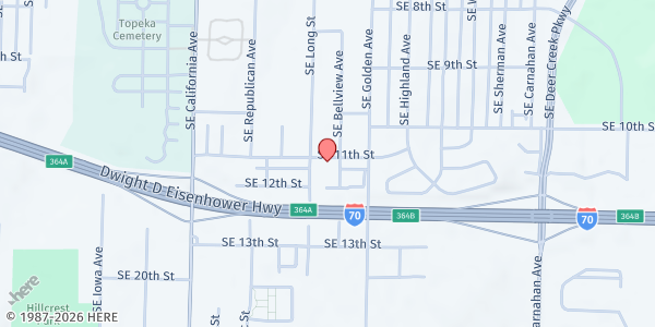 Map showing Open Arms Outreach Ministries at 2401 SE 11th St, Topeka, KS