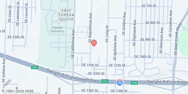 Map showing True Holiness Family Church (COGIA) at 1244 SE Republican St, Topeka, KS