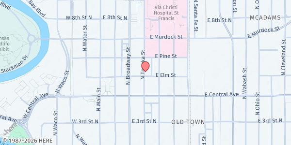Map showing Catholic Charities Food Pantry- Our Daily Bread at 437 N. Topeka St., Wichita, KS