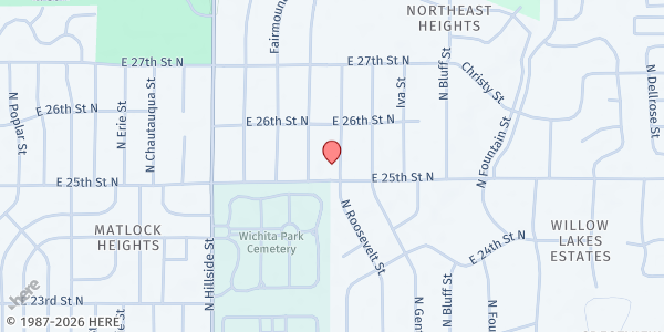 Map showing College Crest Church of Christ at 2615 N Wellesley St., Wichita, KS