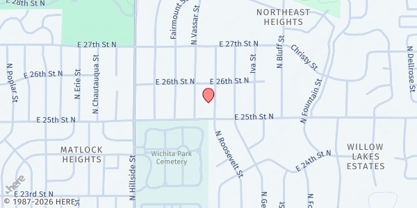 Map showing College Crest Church of Christ at 2615 N Wellesley St., Wichita, KS