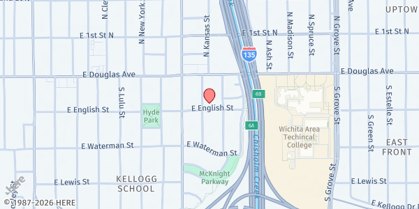 Map showing First Metropolitan Church at 156 S. Kansas St., Wichita, KS