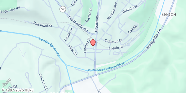 Map showing Lee Co. Executive Association Distribution Site at 257 Industrial Park Road, Beattyville, KY