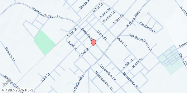 Map showing Cave City Christian Church at 300 Broadway St, Cave City, KY