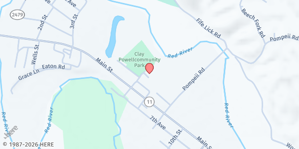 Map showing KY River Foothills Powell Co. CSFP Distribution Site at 710 E. Lake Avenue, Clay City, KY
