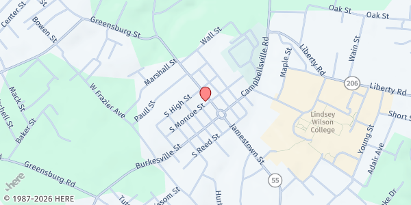 Map showing Columbia Baptist Church at 201 Greensburg St, Columbia, KY