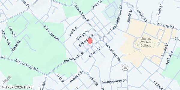 Map showing Columbia United Methodist Church at 202 Burkesville St, Columbia, KY
