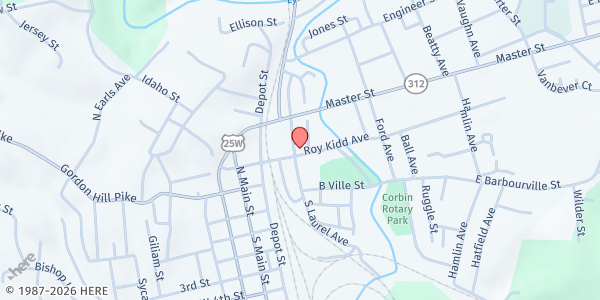 Map showing First Baptist Corbin at 401 N. Laurel Avenue, Corbin, KY