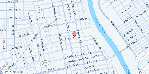 Map showing First Baptist Church at 120 E. 9th Street, Covington, KY