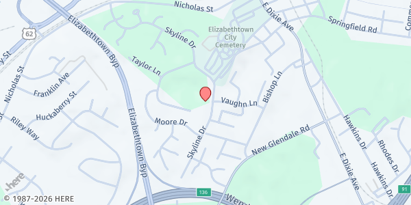 Map showing Wesley Hilltop House at 1001 Skyline Drive, Elizabethtown, KY