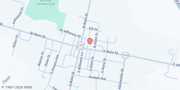 Map showing Petrie Memorial UMC at 203 East Main Street, Elkton, KY
