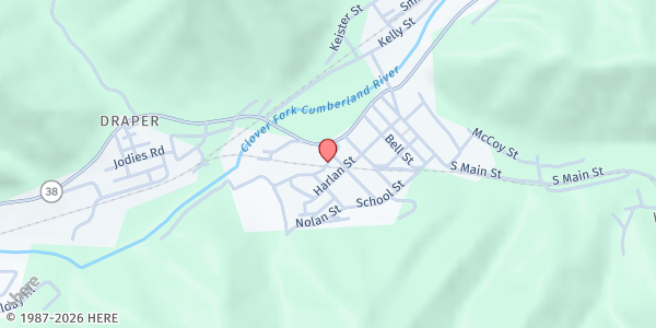 Map showing Verda First Baptist Church at 1234 Hwy 215, Evarts, KY