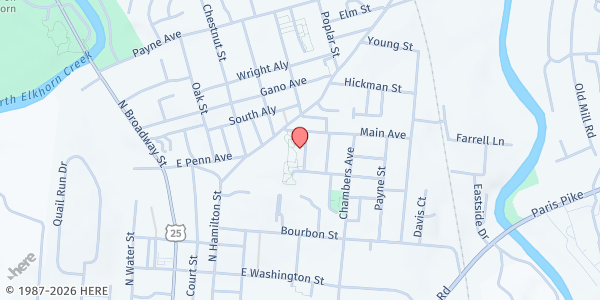 Map showing God's Blessings Food Bank at 345 Teddy Ave., Georgetown, KY