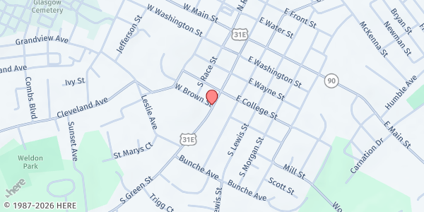 Map showing Our Lady of Caves Church at 103 W Brown St, Glasgow, KY