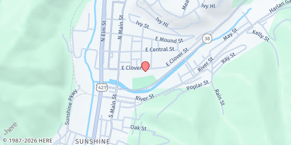 Map showing First Presbyterian Church - Harlan Ky at 306 E Clover St, Harlan, KY