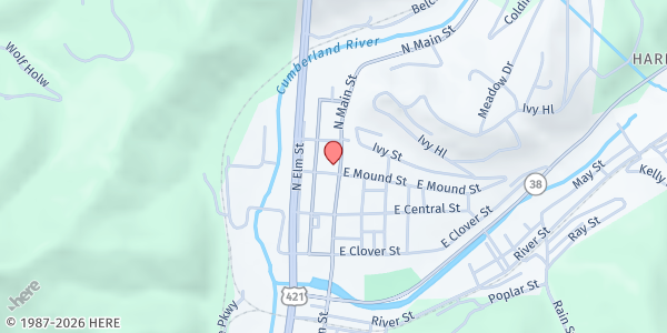 Map showing Harlan Baptist Church at 102 W Mound St, Harlan, KY