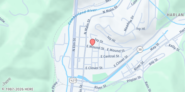 Map showing Harlan United Methodist Church at 201 E Mound St, Harlan, KY