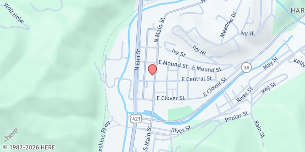 Map showing Harvest Worship Center at 113 N Main St, Harlan, KY