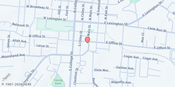 Map showing Harrodsburg Baptist Church at 312 S Main St, Harrodsburg, KY