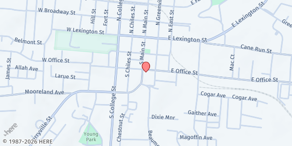 Map showing Harrodsburg Christian Church at 305 S. Main St., Harrodsburg, KY