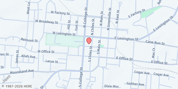Map showing Harrodsburg United Methodist at 128 S Chiles St, Harrodsburg, KY