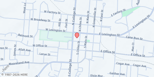 Map showing Harrodsburg United Methodist Church at 128 S Chiles St, Harrodsburg, KY