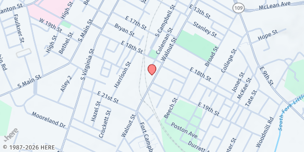 Map showing Christ Temple House of Deliverance Ministries at 1819 South Walnut Street, Hopkinsville, KY