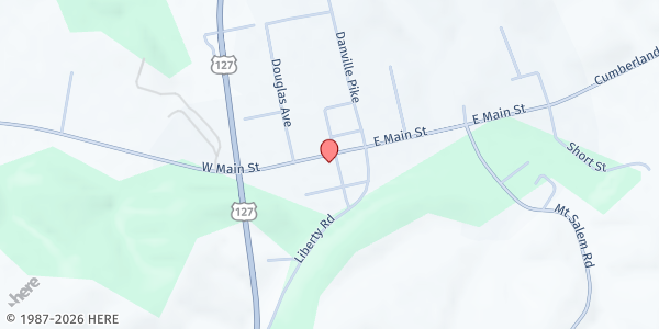 Map showing Hustonville Baptist Church at 9959 W Main St., Hustonville, KY