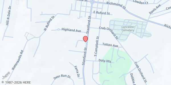 Map showing Garrard County Food Pantry at 103 Baker St., Lancaster, KY